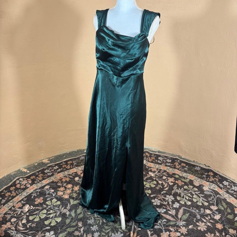 Birdy Grey Forest Green Satin Cowl Neck Bridesmaid Maxi Gown | Size XL | Button